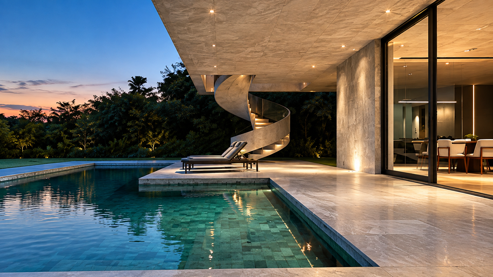 Piscina e escada escultural ao entardecer